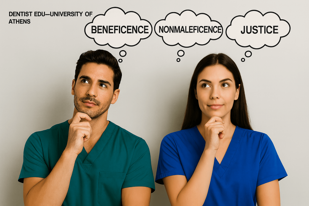 Δύο νέοι οδοντίατροι σε στολή εργασίας σκέφτονται τις τέσσερις θεμελιώδεις αρχές της οδοντιατρικής δεοντολογίας: Αυτονομία, Ευεργεσία, Μη Βλαπτικότητα και Δικαιοσύνη. DENTIST EDU UOA