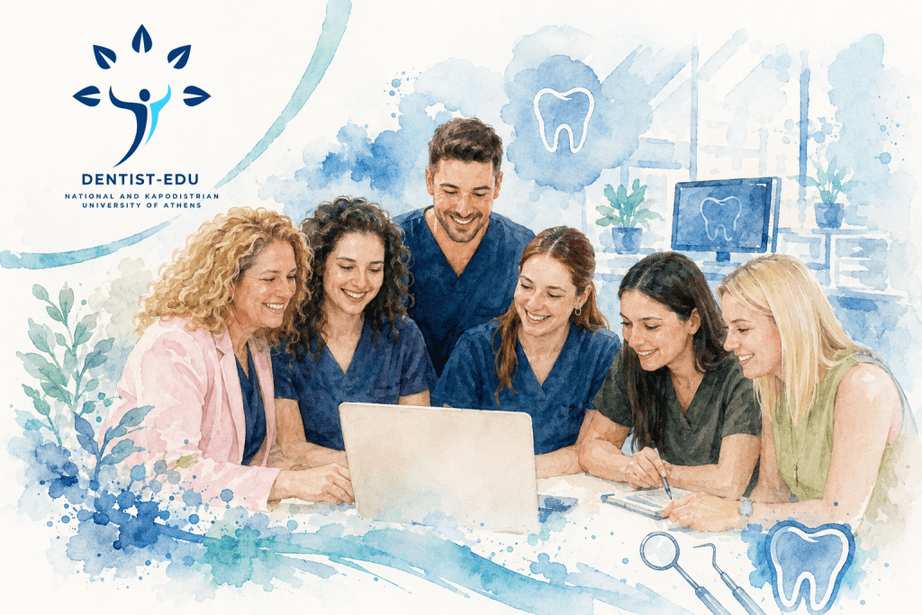 Ομάδα εκπαιδευομένων του Dentist-EDU σε υδατογραφία, που συμβολίζει τη συνεργασία και την πανελλαδική κοινότητα επαγγελματιών της στοματικής υγείας.