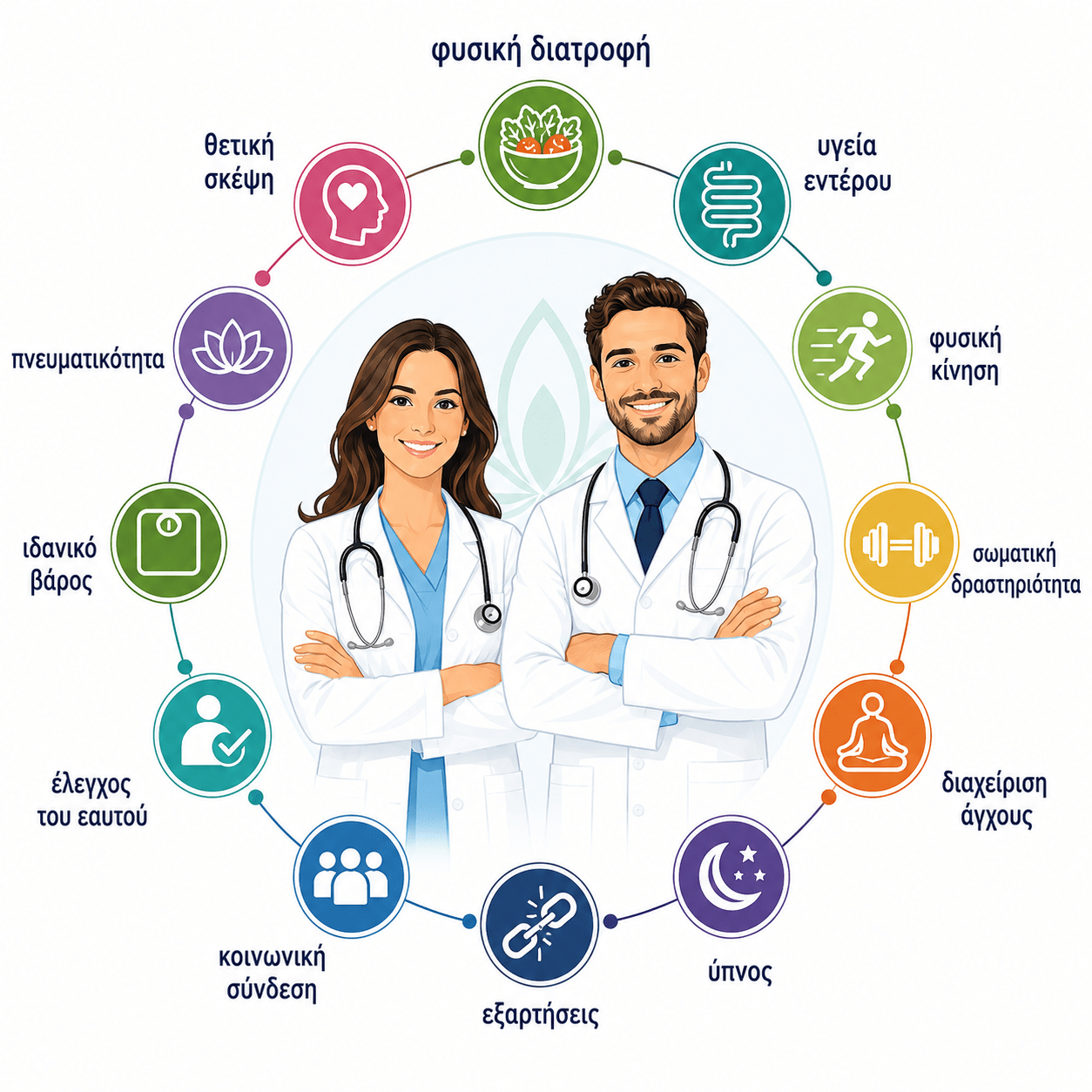 Φωτο1_ΚαλογεράκουΓΖ Circular diagram illustrating the key components of healthy aging and anti-aging strategies, including nutrition, physical activity, sleep, stress management, oral health, and preventive healthcare.