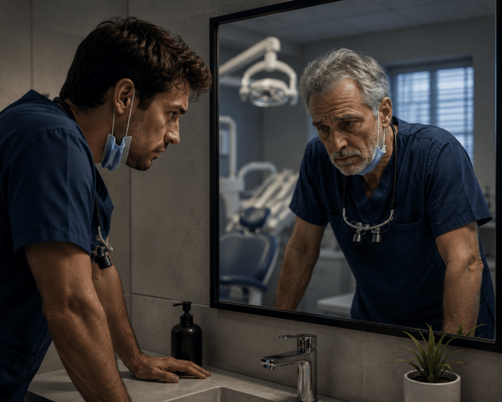 Looking Beyond the Reflection: Healthy aging begins with the choices we make today. Young dentist looking into a mirror and seeing an older version of himself, symbolizing the effects of aging and the importance of healthy longevity.