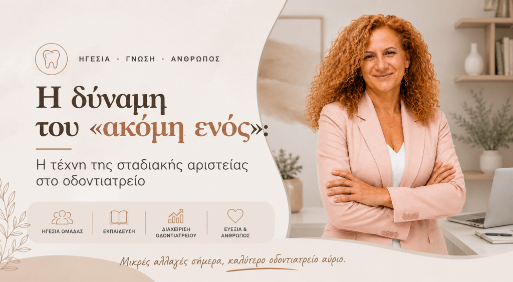 Αντωνιάδου_Η δύναμη του ενός Η δύναμη του «ακόμη ενός»: Η τέχνη της σταδιακής αριστείας στο οδοντιατρείο – άρθρο για την ηγεσία, τις συνήθειες και τη συνεχή βελτίωση στην οδοντιατρική.