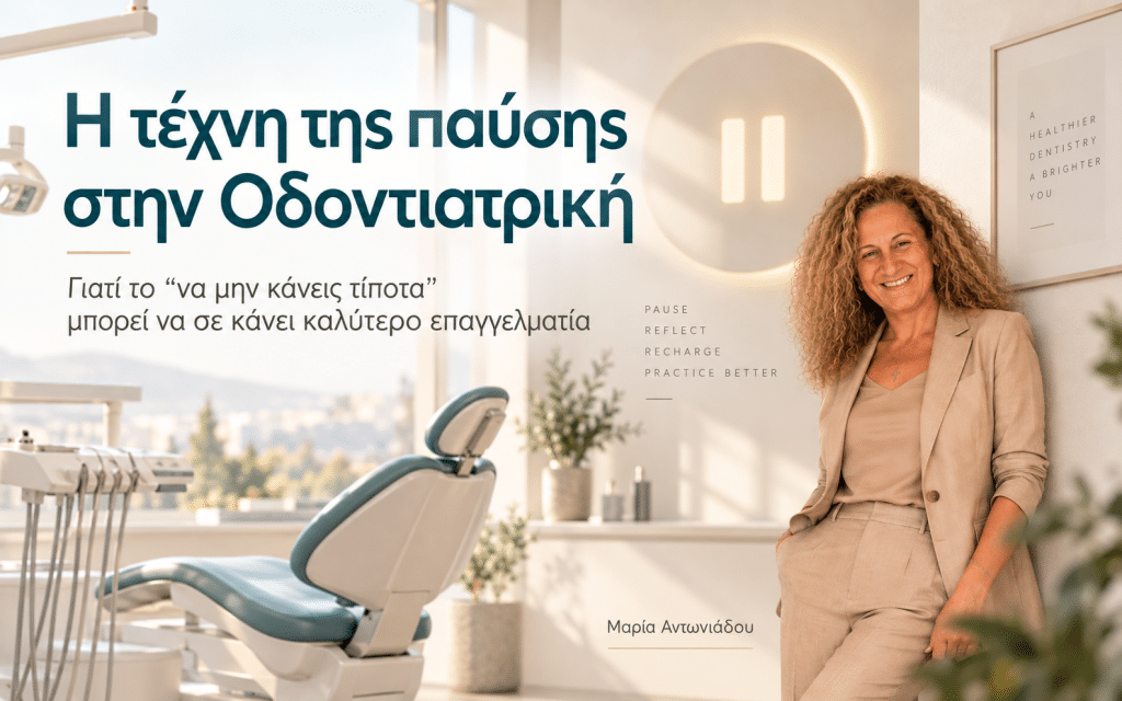 Η τέχνη της παύσης στην οδοντιατρική_dentist edu Η Μαρία Αντωνιάδου σε φωτεινό οδοντιατρείο, δίπλα σε οδοντιατρική έδρα και σύμβολο παύσης, για το άρθρο «Η τέχνη της παύσης στην Οδοντιατρική».