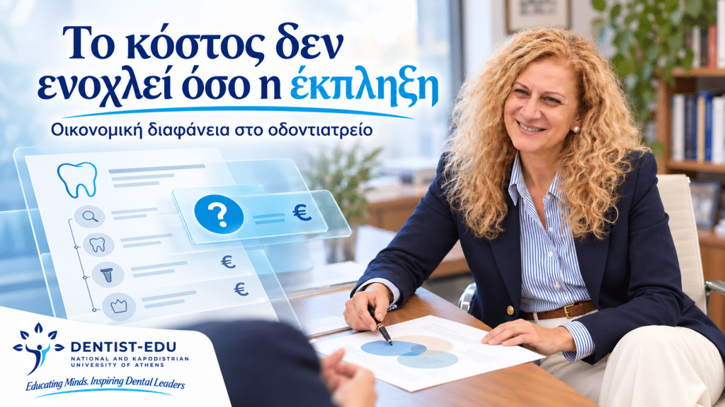 Το κόστος δεν ενοχλεί όσο η έκπληξη_Dentist edu Η Μαρία Αντωνιάδου συζητά ένα θεραπευτικό πλάνο, δίπλα σε απεικόνιση οδοντιατρικών πράξεων και κόστους.