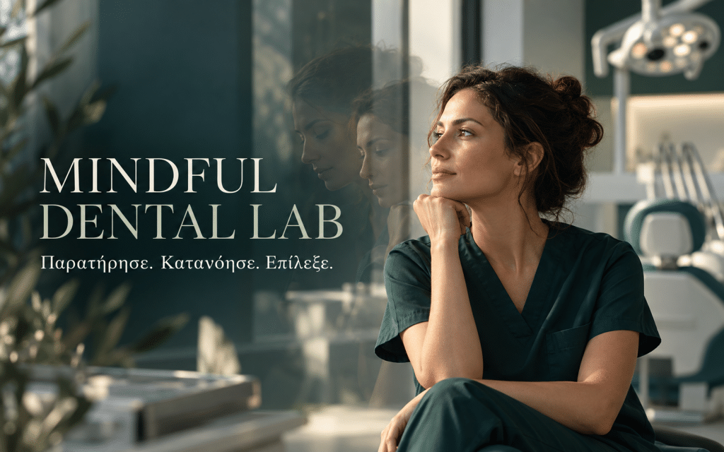 Mindful Dental Lab – Παρατήρησε, Κατανόησε, Επίλεξ Για τη δεύτερη αφίσα, με την επαγγελματία στα δεξιά και τον τίτλο στα αριστερά: Πεδίο Κείμενο Alt text Επαγγελματίας της Οδοντιατρικής κάθεται σκεπτική σε σύγχρονο οδοντιατρείο, με την αντανάκλασή της στο τζάμι. Δίπλα της αναγράφεται «Mindful Dental Lab – Παρατήρησε. Κατανόησε. Επίλεξε.».